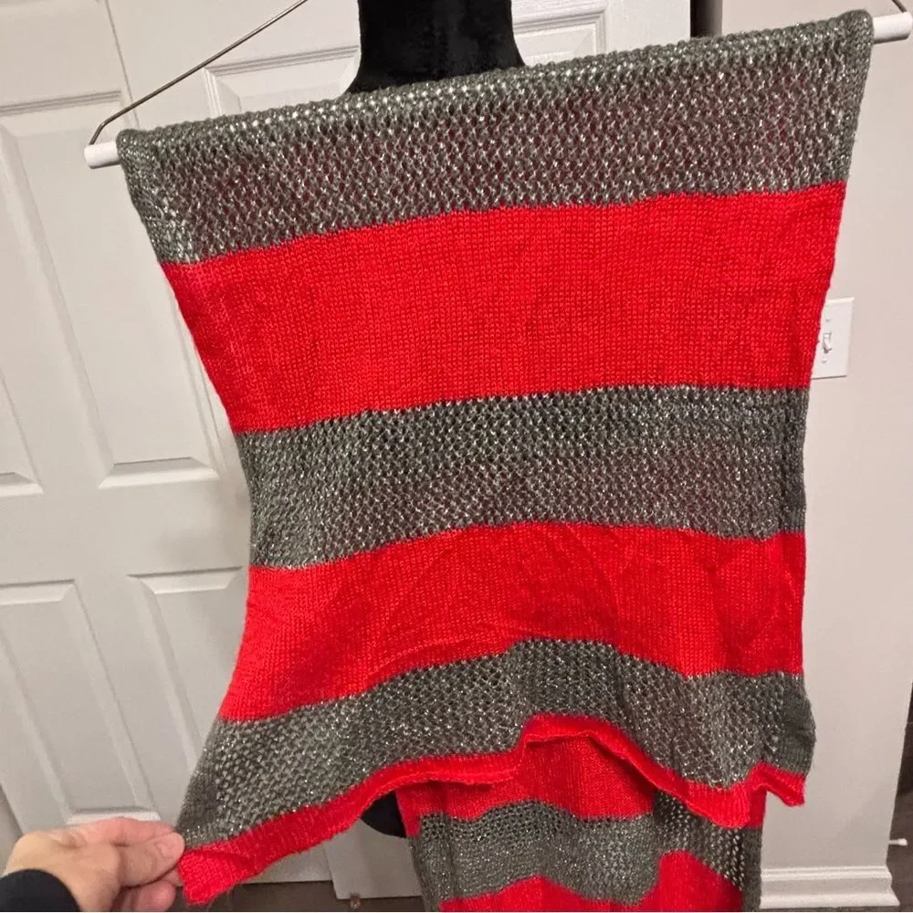 J. Jill Women's Red Gray Silver Sparkles Wide Striped Knit Head Neck Scarf Grey